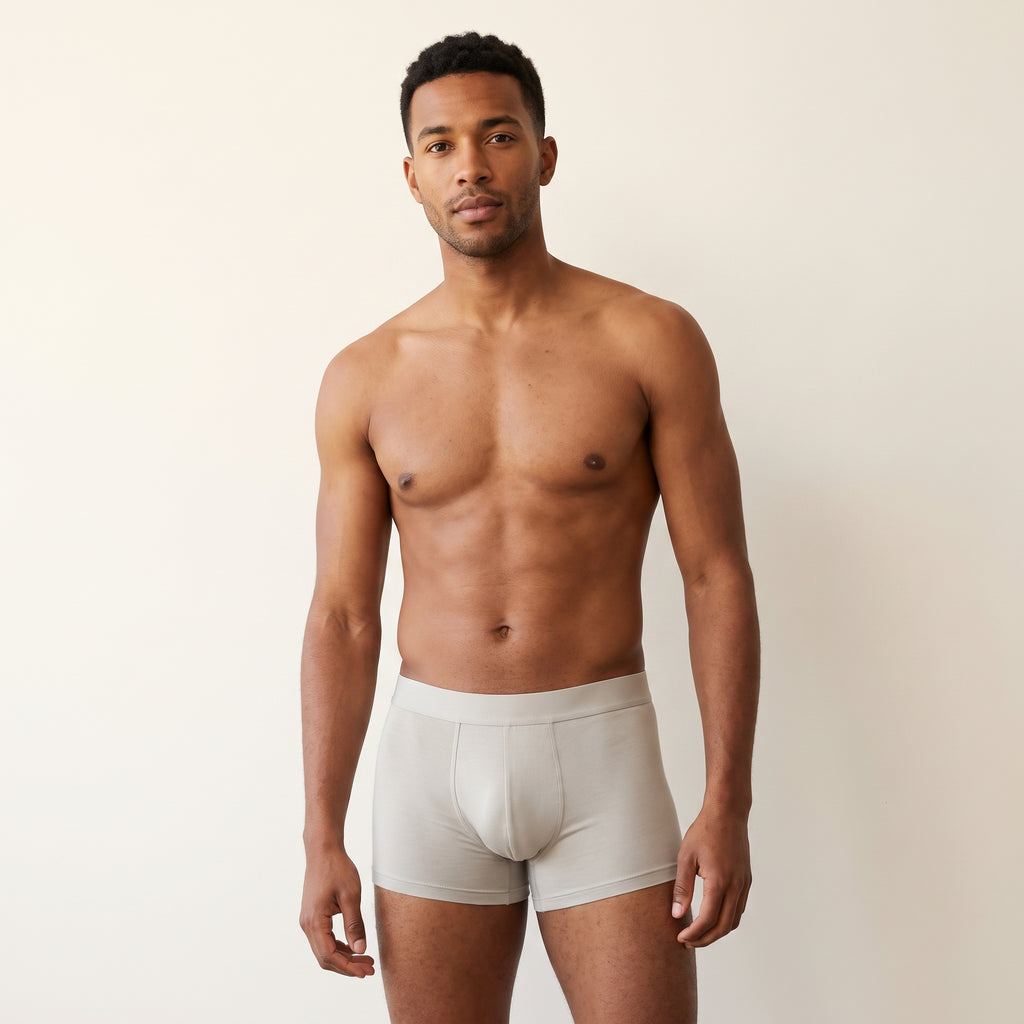 LYNE Tencel Boxer Short in Silver Sand, full view on model