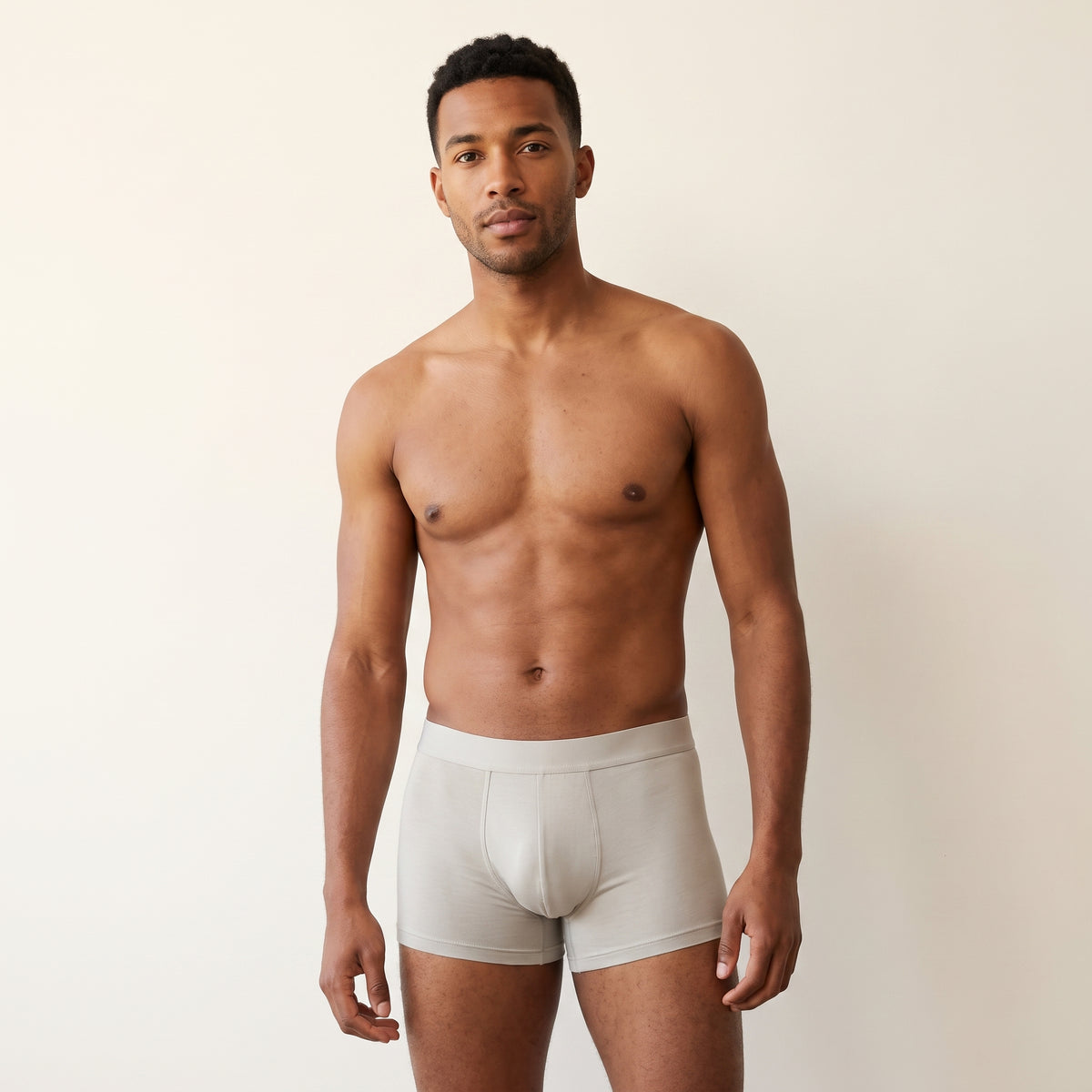 LYNE Tencel Boxer Short in Silver Sand, full view on model