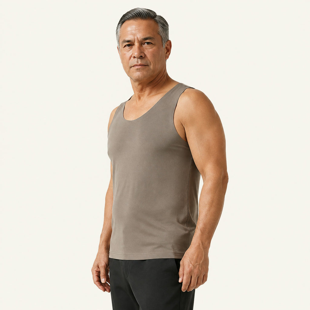LYNE Seamless Modal Undershirt in Gray, three-quarter view showing the seamless side