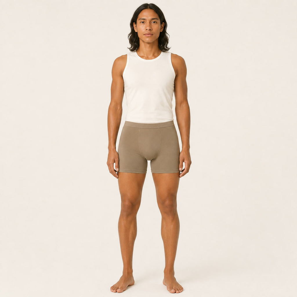 LYNE Silk-Lined Modal Boxer Brief in Khaki, front view on model