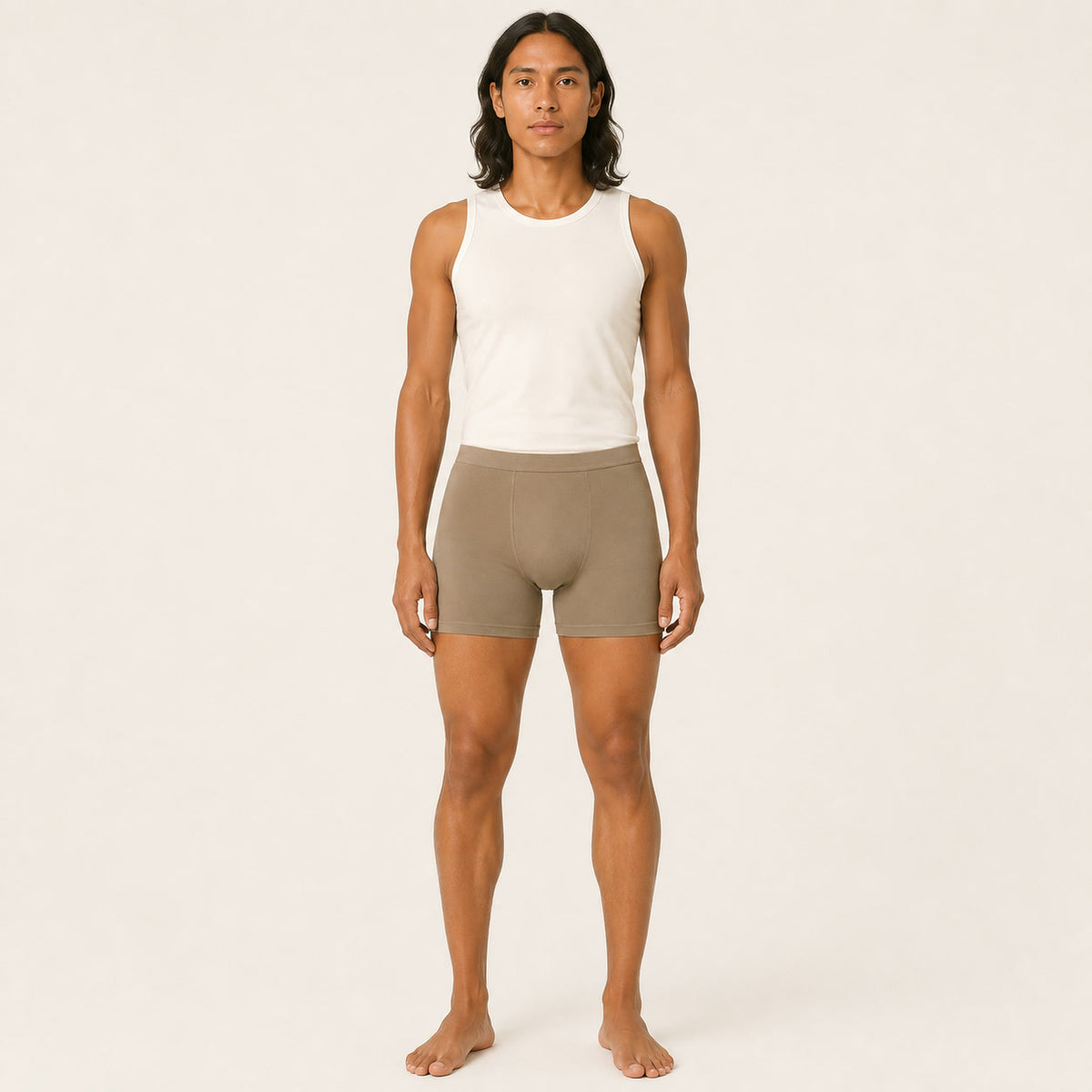 LYNE Silk-Lined Modal Boxer Brief in Khaki, front view on model
