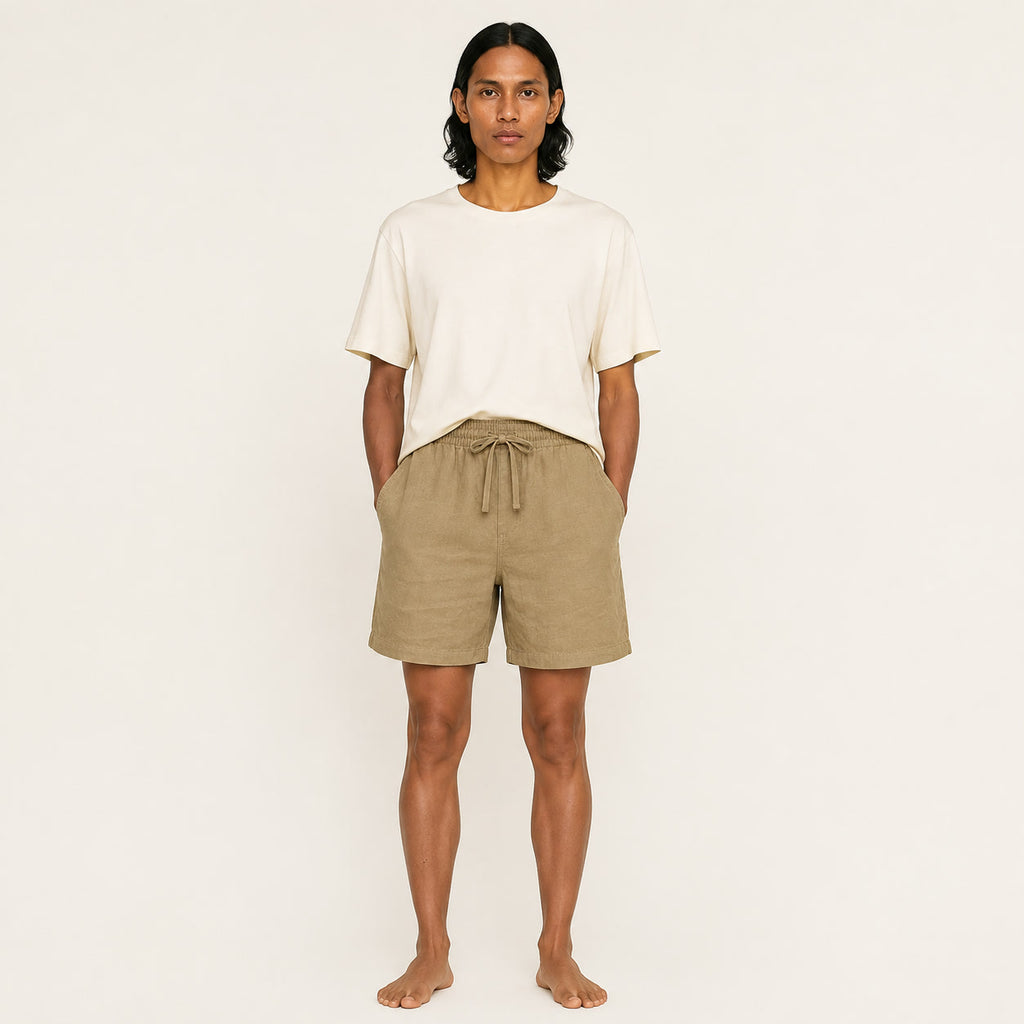LYNE Cotton-Linen Lounge Short in Khaki, front view on model