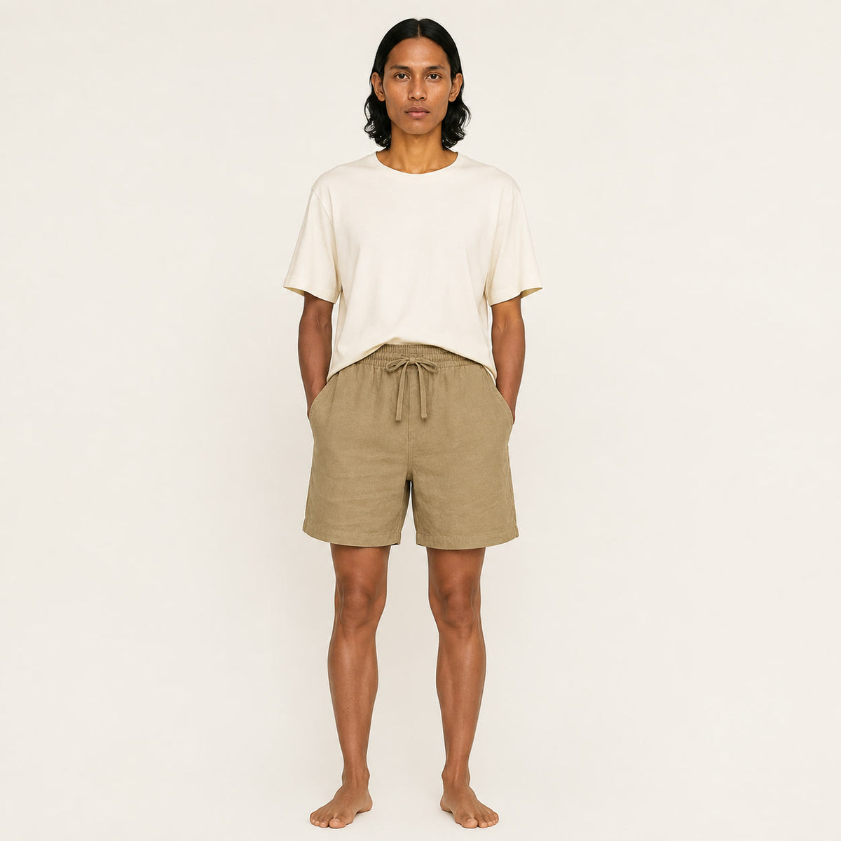 LYNE Cotton-Linen Lounge Short in Khaki, front view on model