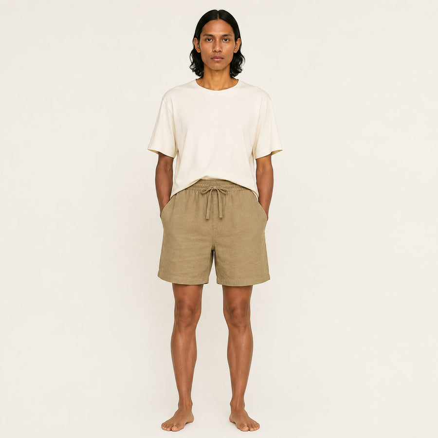 LYNE Cotton-Linen Lounge Short in Khaki, front view on model