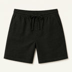 LYNE Cotton-Linen Lounge Short in Black, flat lay showing the drawstring waist and side pockets