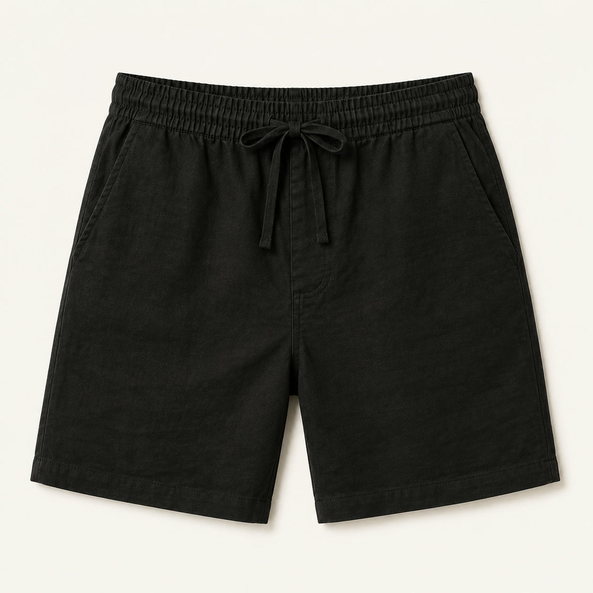 LYNE Cotton-Linen Lounge Short in Black, flat lay showing the drawstring waist and side pockets