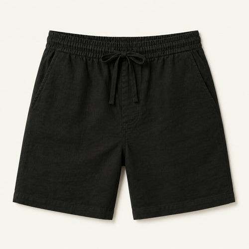 LYNE Cotton-Linen Lounge Short in Black, flat lay showing the drawstring waist and side pockets