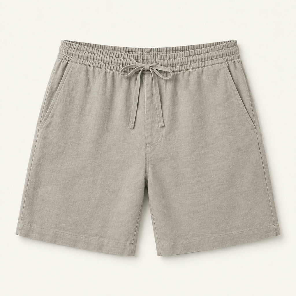 LYNE Cotton-Linen Lounge Short in Light Gray, flat lay showing the cotton-linen slub texture