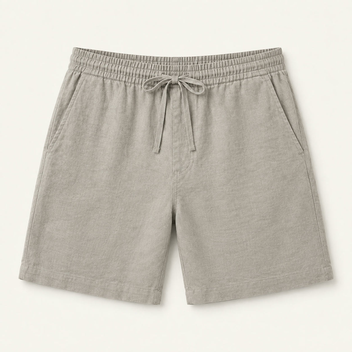 LYNE Cotton-Linen Lounge Short in Light Gray, flat lay showing the cotton-linen slub texture