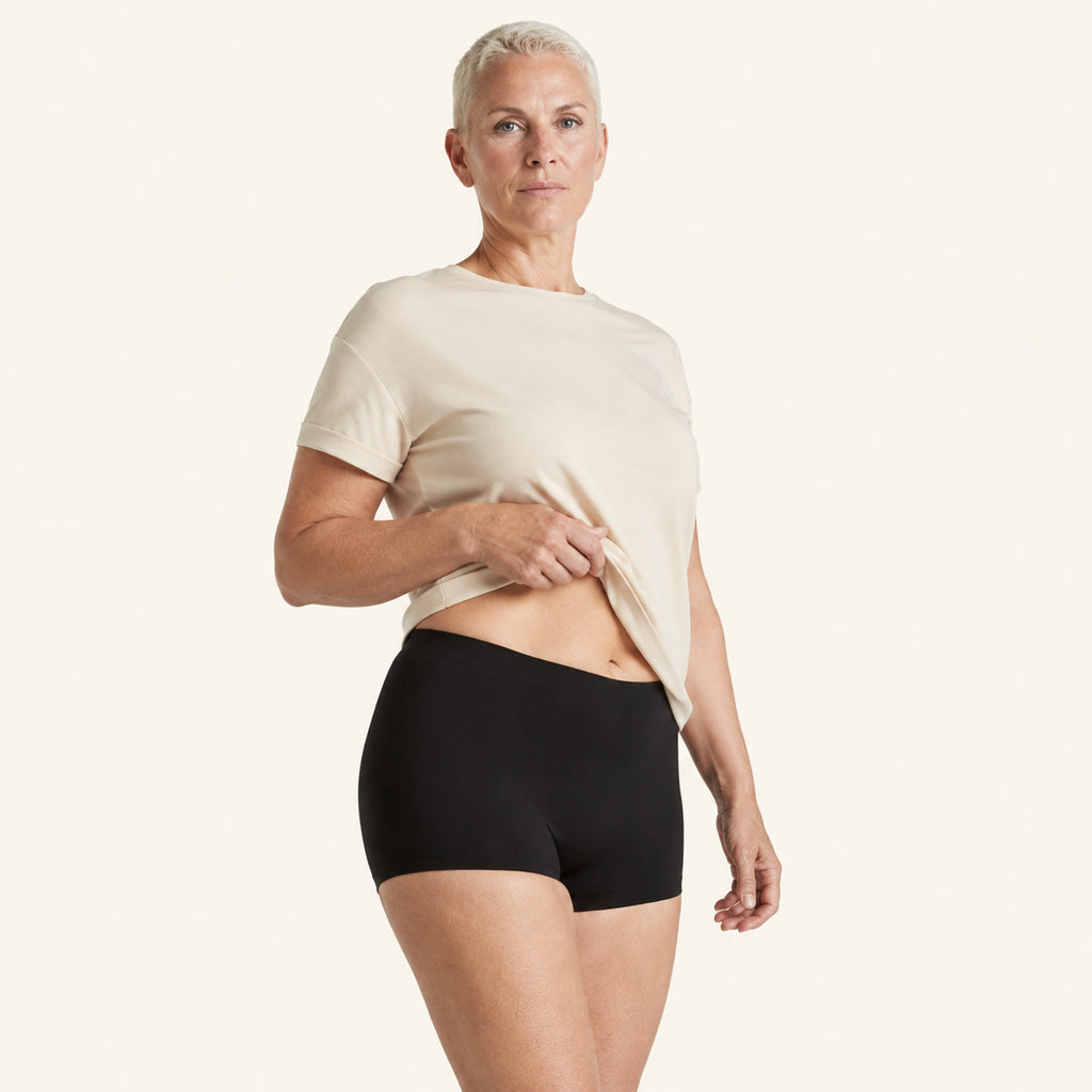 LYNE Under-Dress Safety Short in Black, three-quarter view showing the seamless side