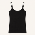 Black bra-free camisole with narrow adjustable straps and a smooth outer finish