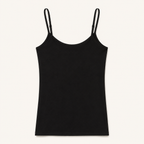 Black bra-free camisole with narrow adjustable straps and a smooth outer finish