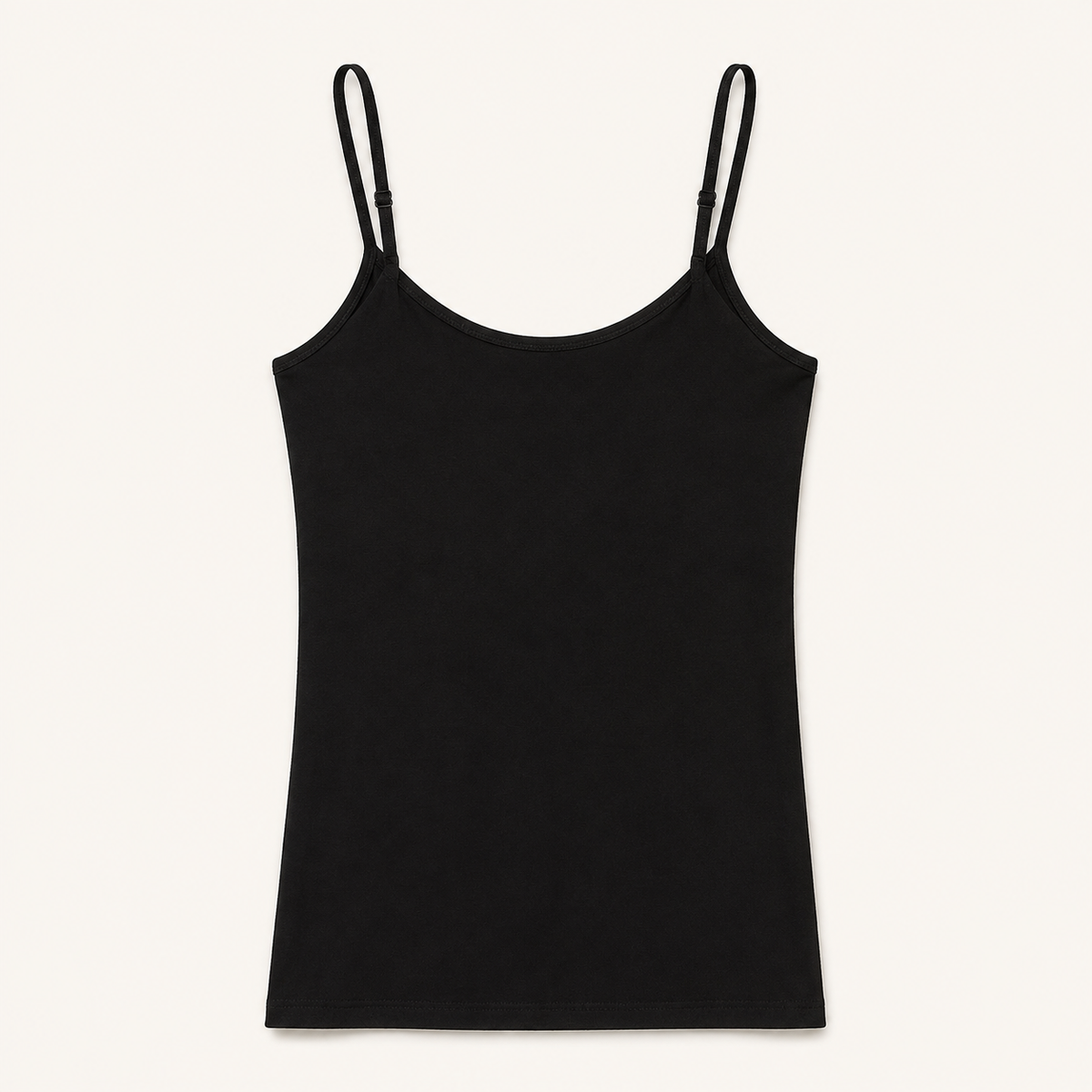 Black bra-free camisole with narrow adjustable straps and a smooth outer finish