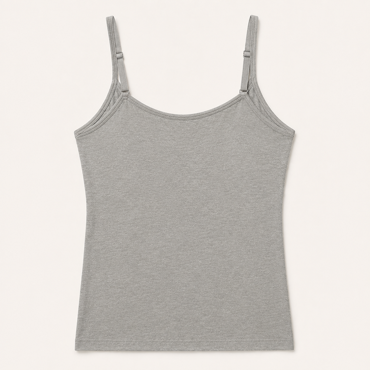 Gray bra-free camisole with narrow adjustable straps and a smooth outer finish