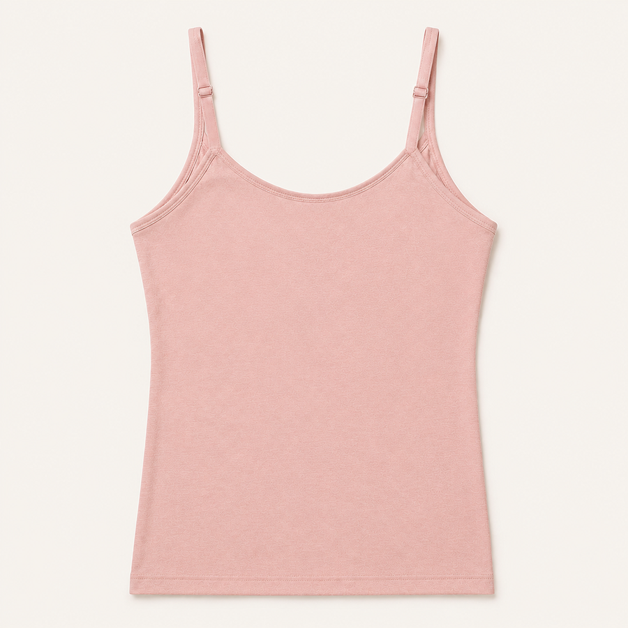 Pink bra-free camisole with narrow adjustable straps and a smooth outer finish