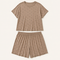 Brown polka dot pyjama set: short-sleeve top and matching shorts in a soft rayon knit