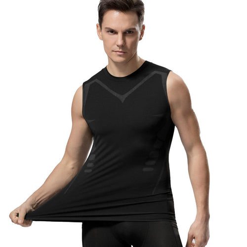 Men's Compression Tank in black, stretched to show the fabric