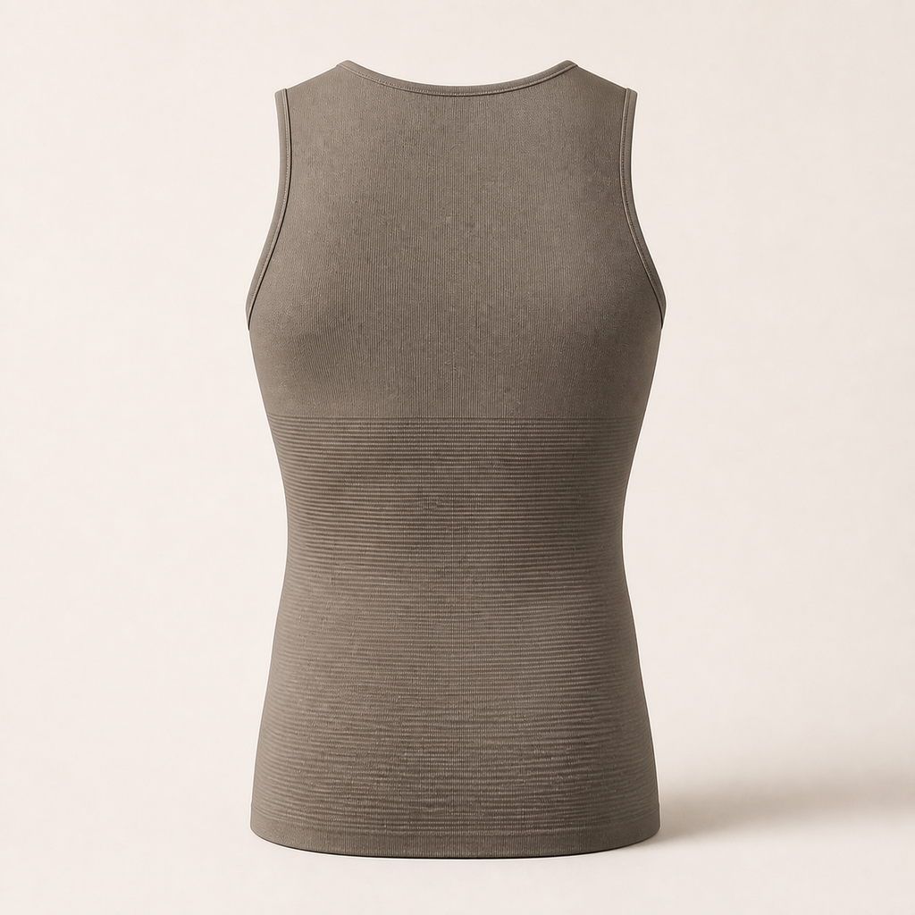LYNE Men Support Tank, rear view showing the ribbed compression band continuing around the back