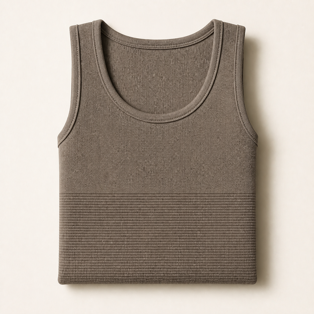 LYNE Men Support Tank folded, showing the round neckline and the ribbed band