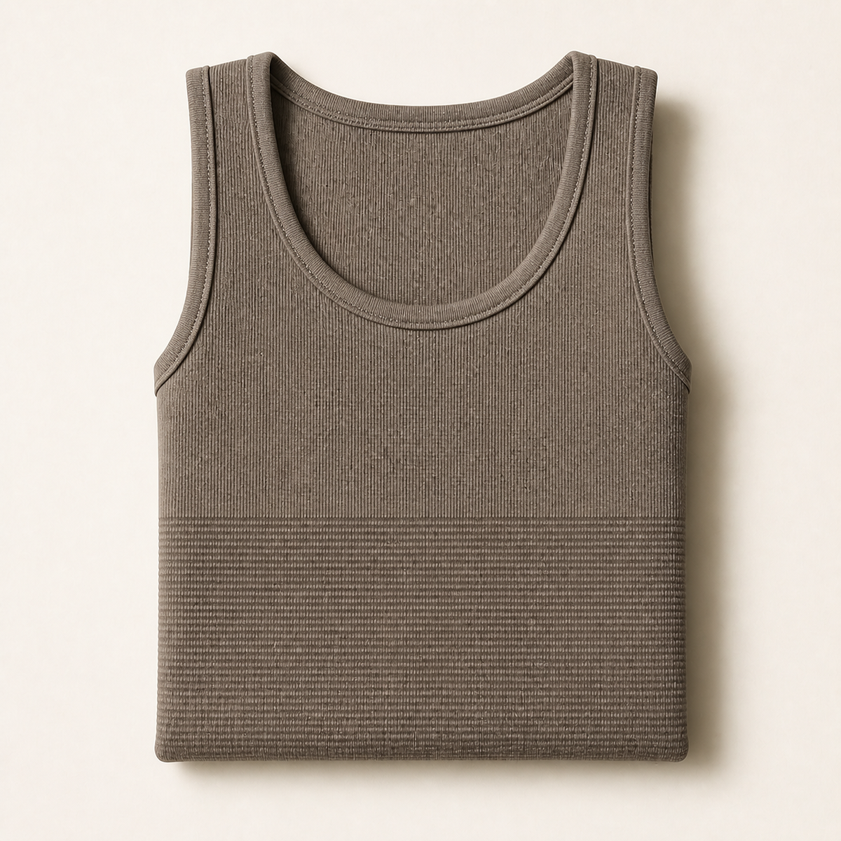 LYNE Men Support Tank folded, showing the round neckline and the ribbed band