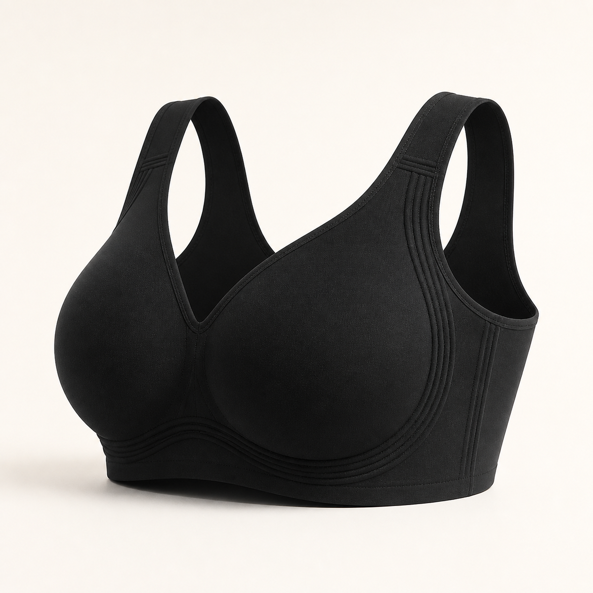 LYNE Everyday Soft Bra in black, wireless full-coverage bra with wide straps and high side wings