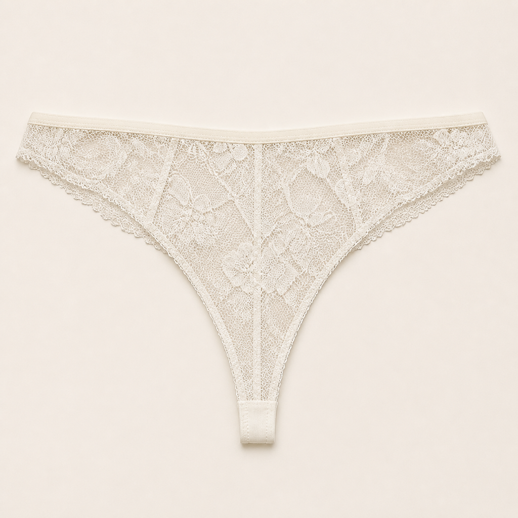 LYNE Sheer Lace Thong in white, all-over sheer floral lace
