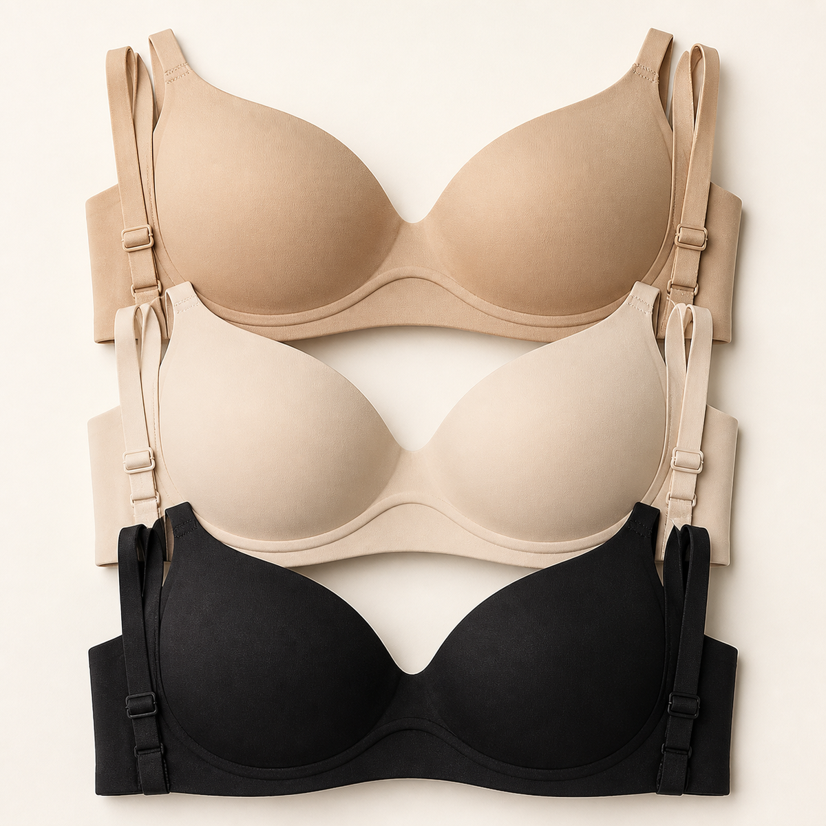 LYNE Everyday T-Shirt Bra stacked in praline, sand and black