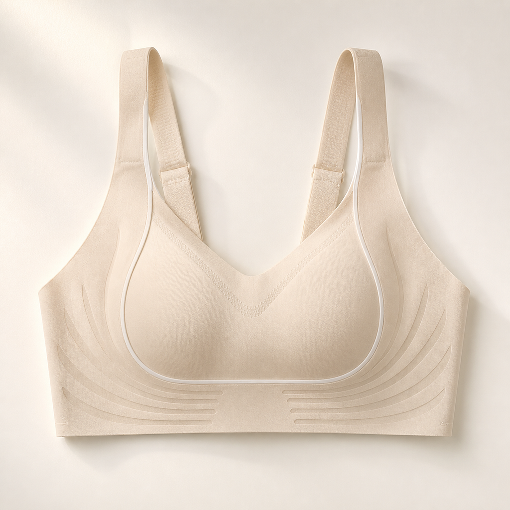 LYNE Everyday Wireless Bra, flat-lay showing the embossed feathered wing pattern