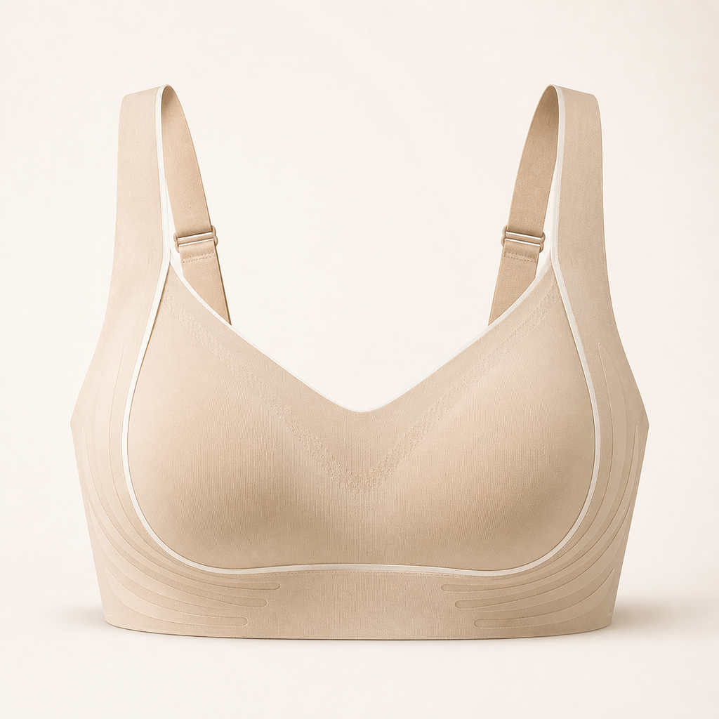LYNE Everyday Wireless Bra in champagne, wire-free bralette with contrast piping and embossed wing pattern