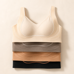LYNE Everyday Wireless Bra stacked in champagne, stone grey, khaki and black