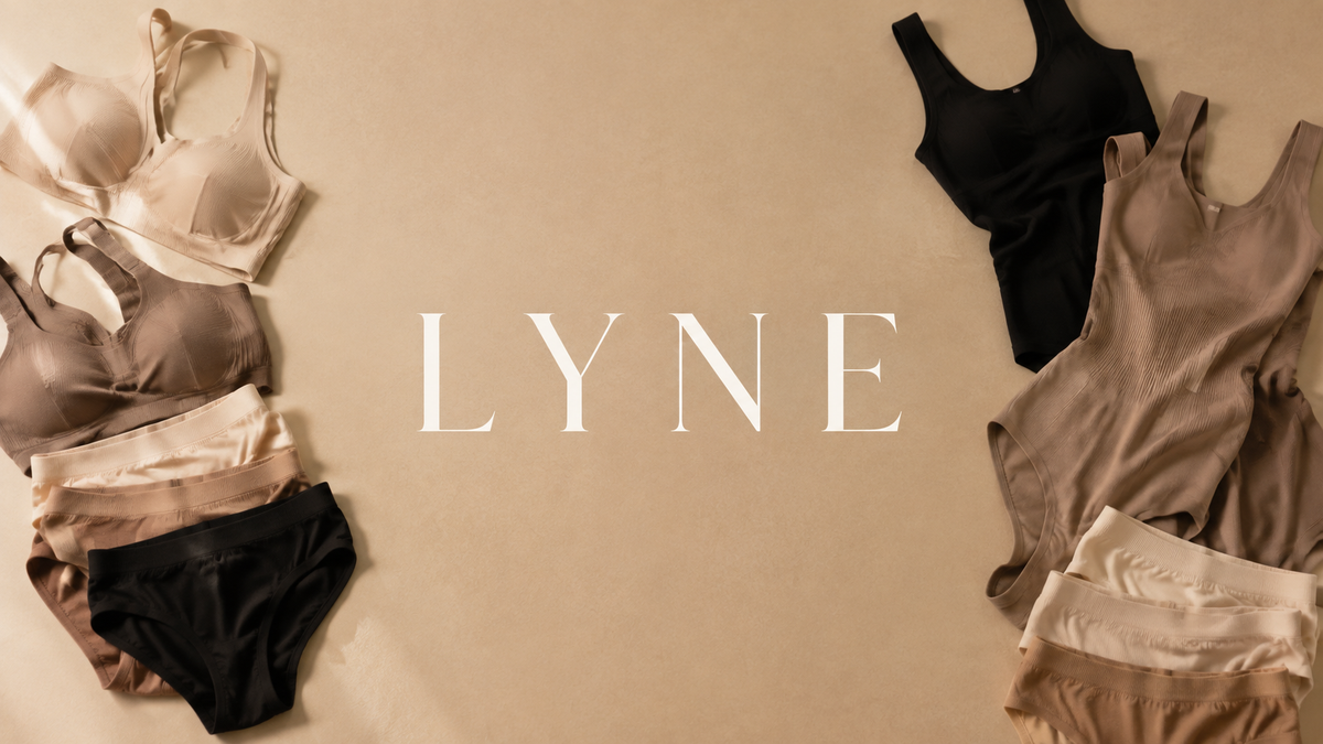 LYNE wordmark surrounded by a flat lay of seamless bodywear pieces