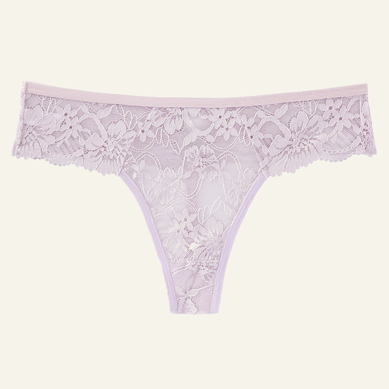 LYNE Sheer Lace Thong in light purple, all-over floral lace