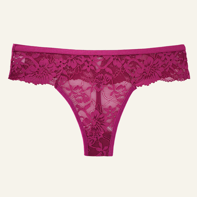 LYNE Sheer Lace Thong in magenta, all-over floral lace
