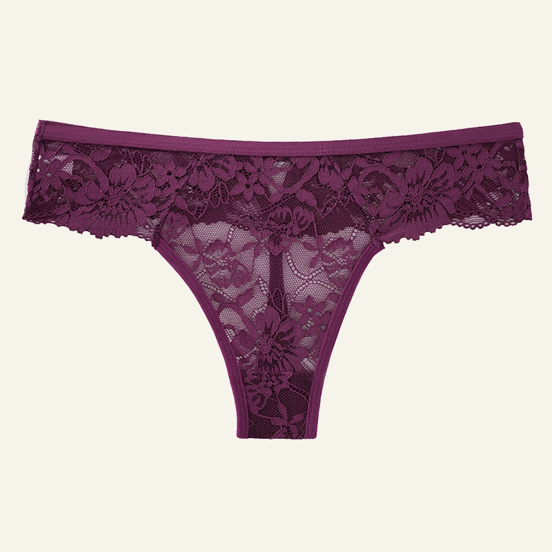LYNE Sheer Lace Thong in purple, all-over floral lace