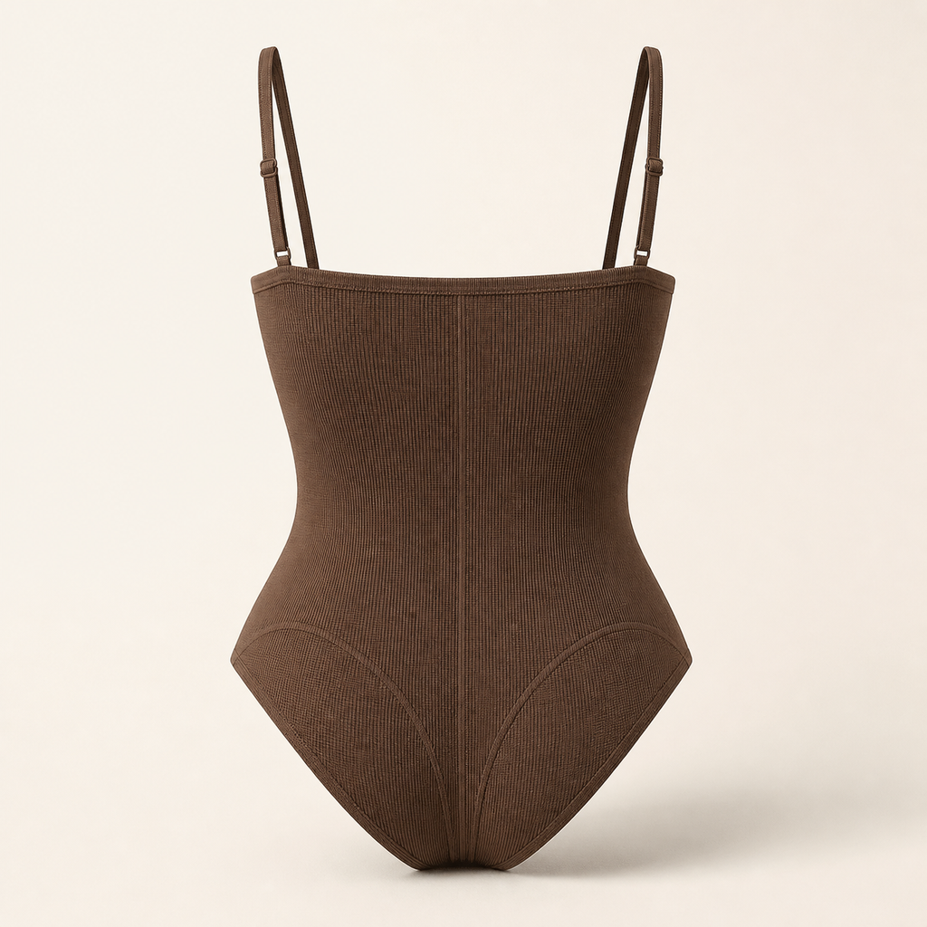 LYNE Core Seamless Bodysuit, rear view showing the straight back edge and the shaped lifting seams on the seat
