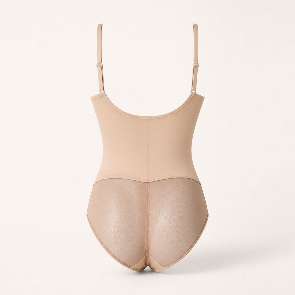 LYNE Core Mesh Bodysuit, rear view showing the sheer mesh seat panel
