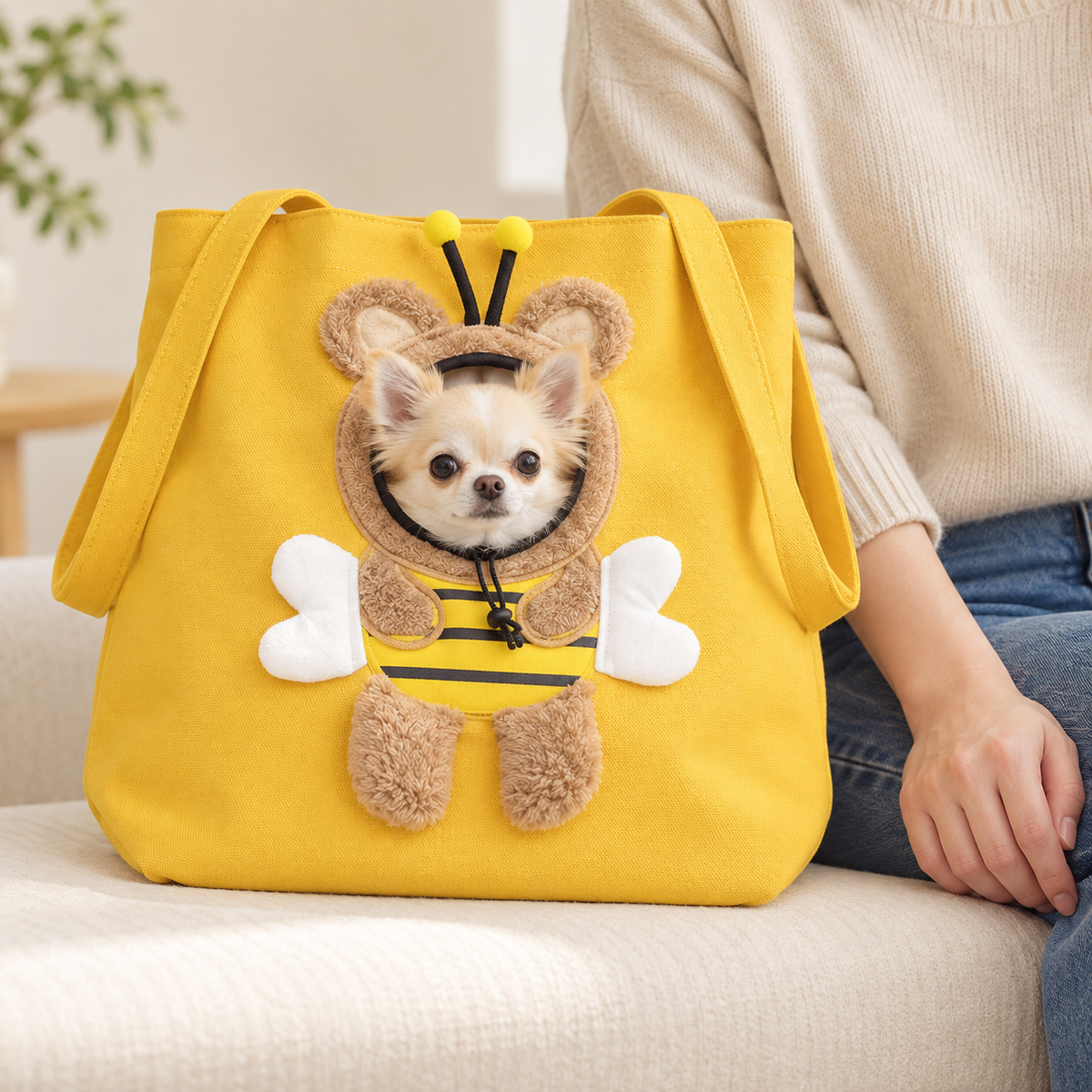 Bee tote illustrated with a small cream dog peeking through the front opening