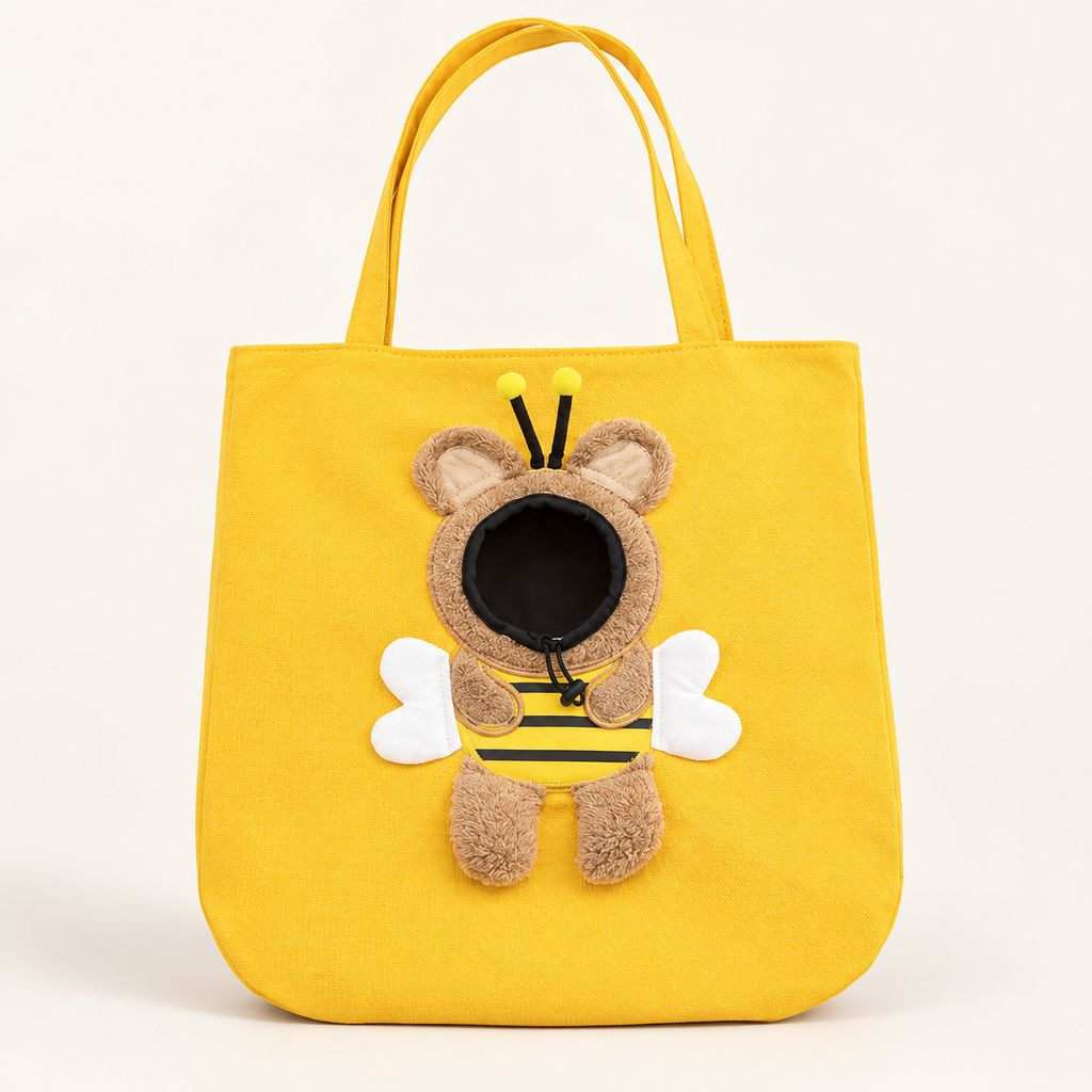 Yellow Bee pet tote with plush wings and a round front opening