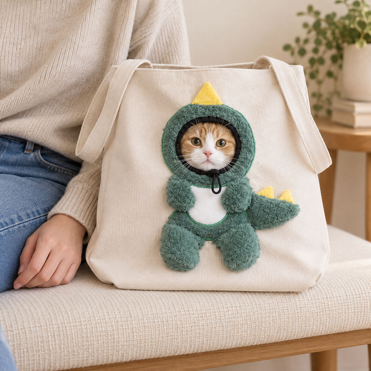 Dino tote illustrated with a ginger-and-white cat peeking through the front opening