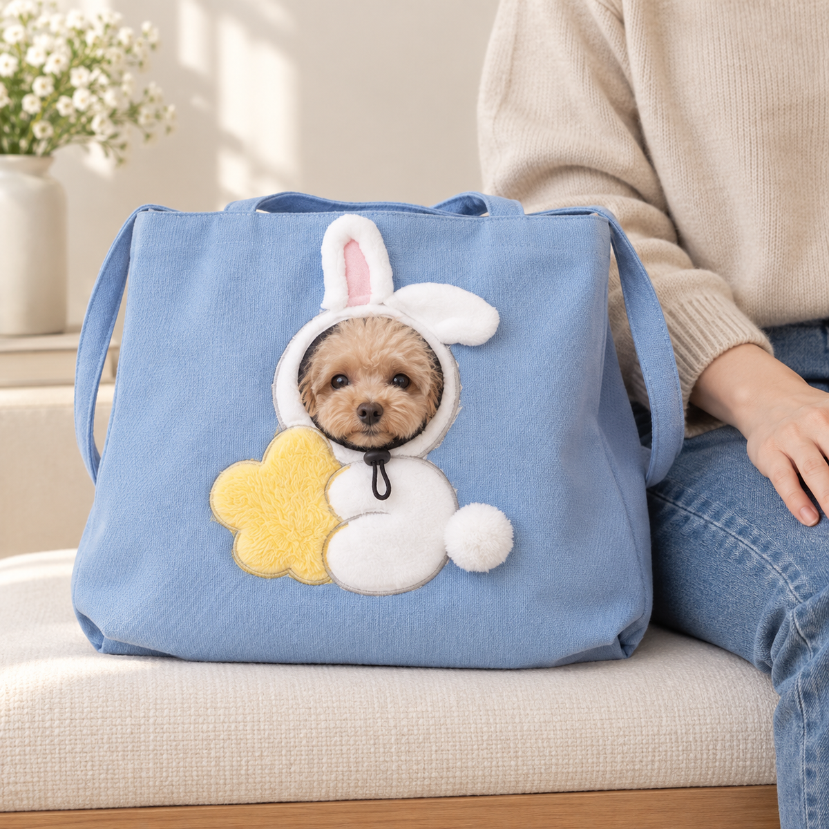 Rabbit tote illustrated with a small apricot dog peeking through the front opening