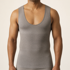 LYNE Men Support Tank worn, showing the round neckline and the ribbed compression band across the abdomen