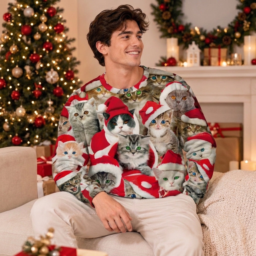 Man wearing the Cat Party ugly Christmas sweatshirt
