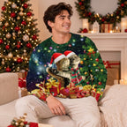 Man wearing the Cat Selfie ugly Christmas sweatshirt