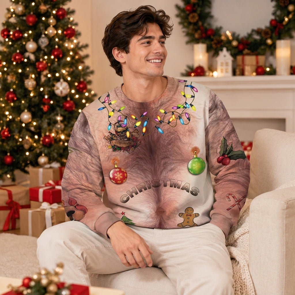 Man wearing the Hairy Chest ugly Christmas sweatshirt