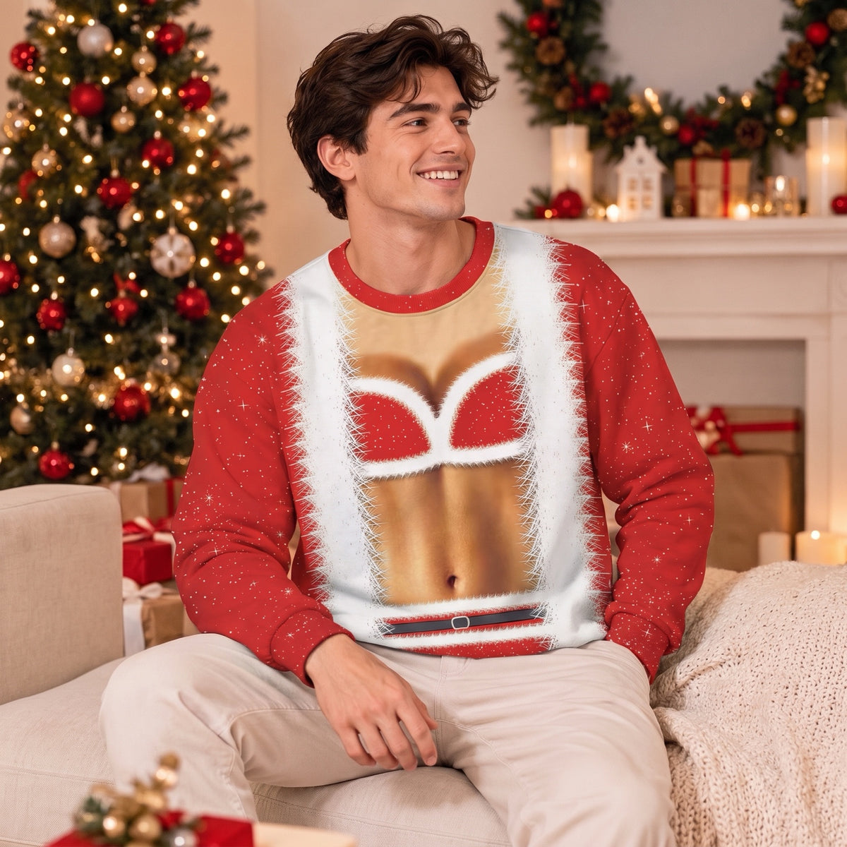 Man wearing the Mrs Claus ugly Christmas sweatshirt