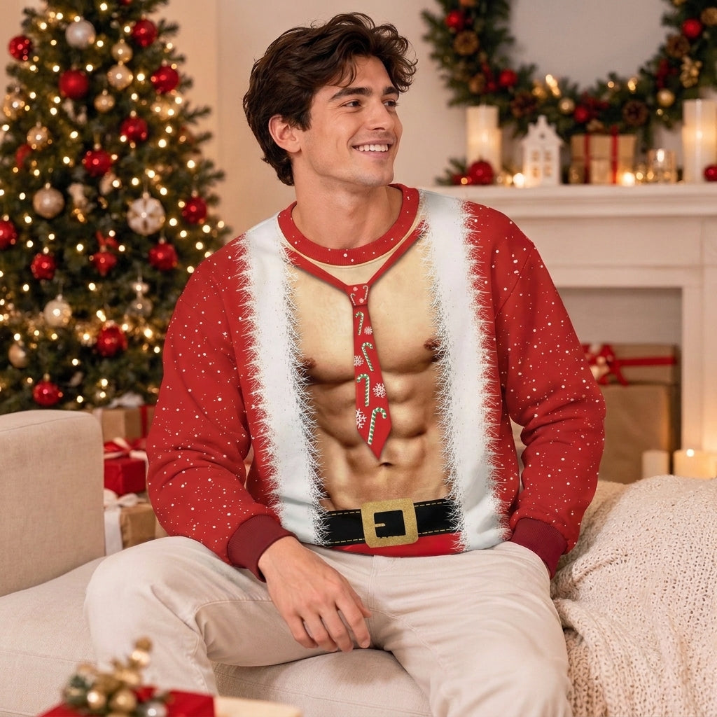 Man wearing the Santa Abs ugly Christmas sweatshirt