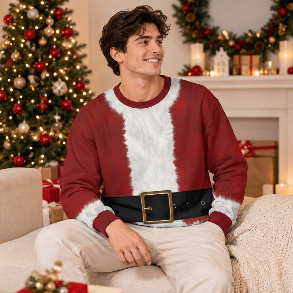 Man wearing the Santa Suit ugly Christmas sweatshirt