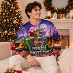 Man wearing the T-Rex Santa ugly Christmas sweatshirt