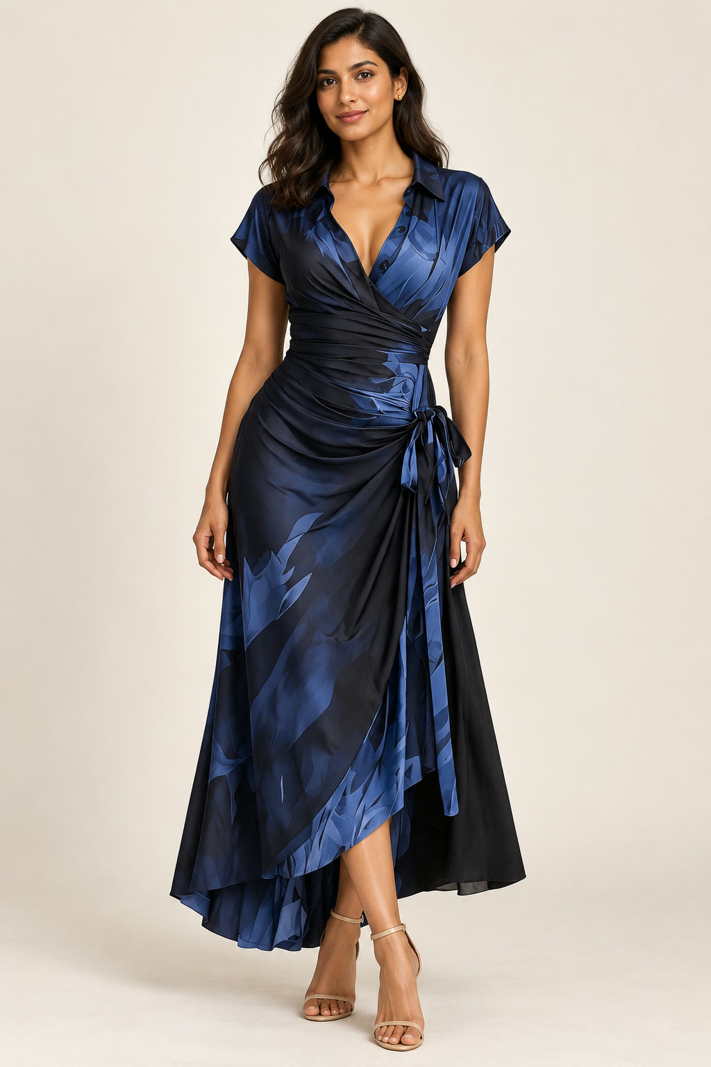 Printed Wrap Midi Dress in blue, front