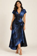Printed Wrap Midi Dress in blue, front